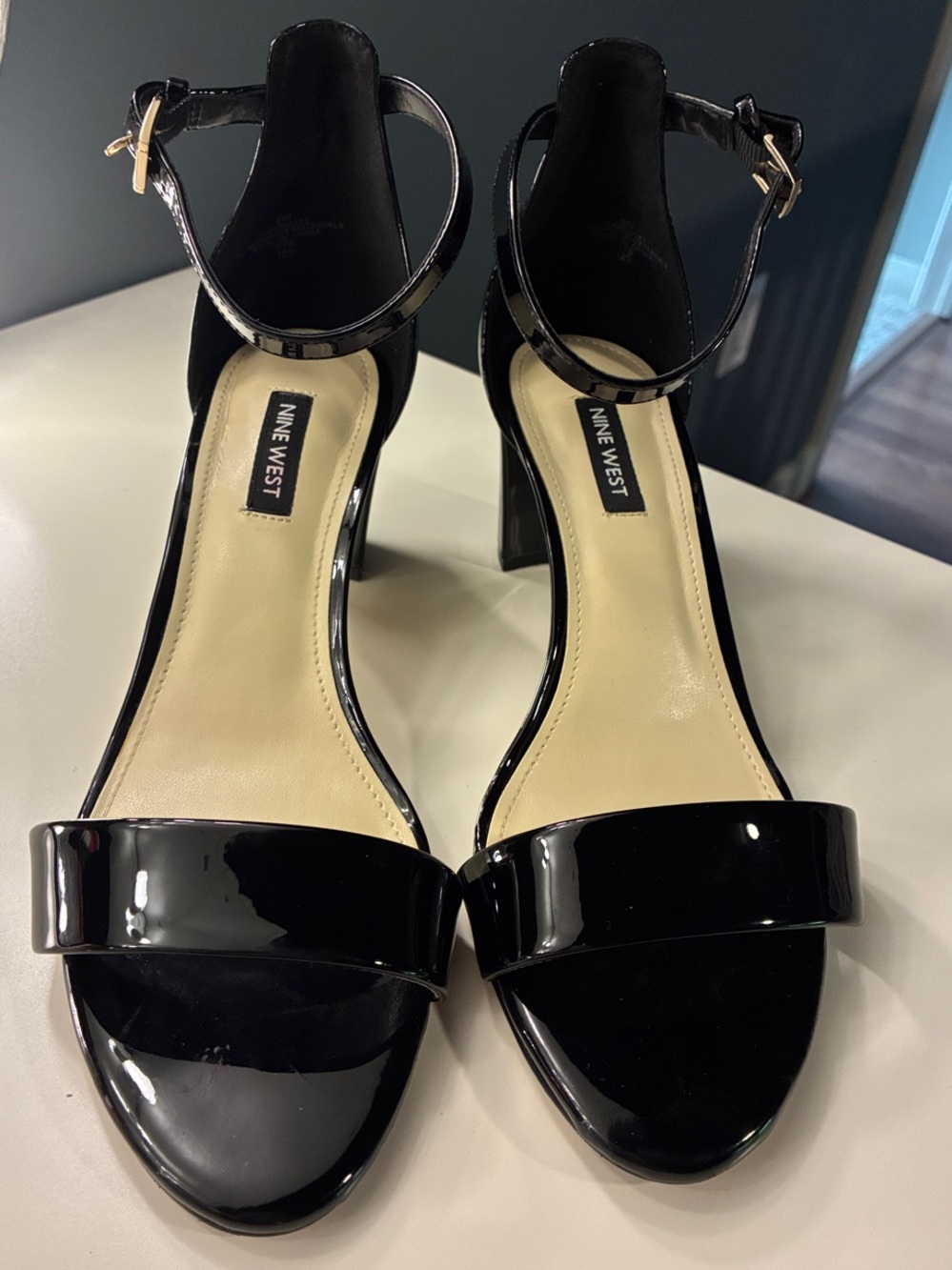 Nine West Black Patent Open-Toe Ankle-Strap Heels